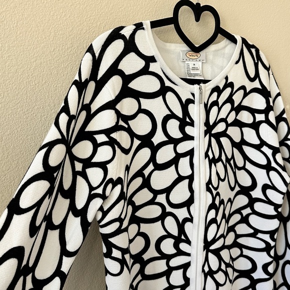 Talbots Black White Floral Pattern Zip Front Cotton Cardigan Sweater Size M - Picture 3 of 8